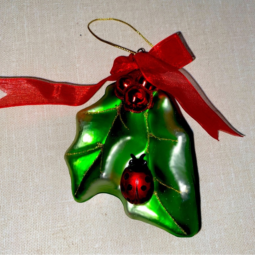 Vintage Glass Christmas‎ Tree Ornament Holly Berry Greenery Ladybug